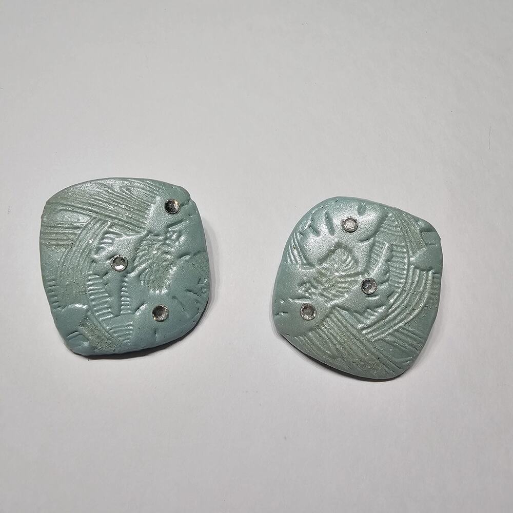 Vintage 80s Artisan Clay Statement Clip-Ons, Mint Textured Abstract Earrings